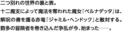 二つ別れの世界の裏と表。 十二魔支によって魔法を奪われた魔女『ベルナデッタ』は、 解呪の書を護る赤竜『ジャミル・ヘンドック』と敵対する。 数多の冒険者を巻き込んだ争乱が今、始まった─。